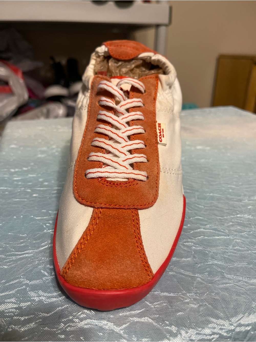 Coach White and Orange Suede Lace-Up Sneaker - Picture 8 of 8